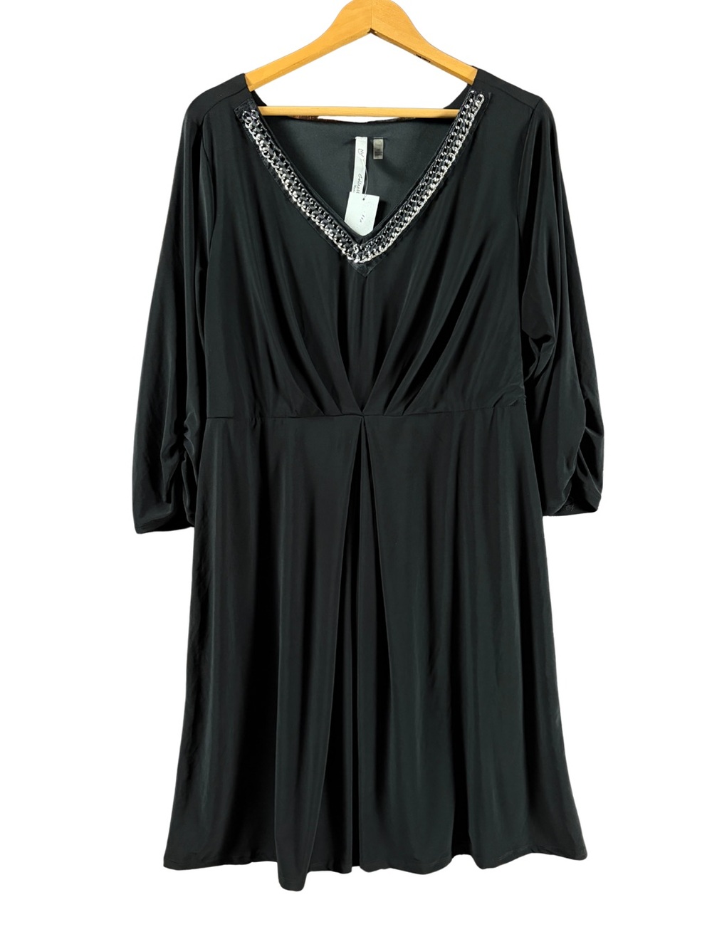 NY Collection Black V-Neck Jersey Dress with Chain Trim NWT 2X